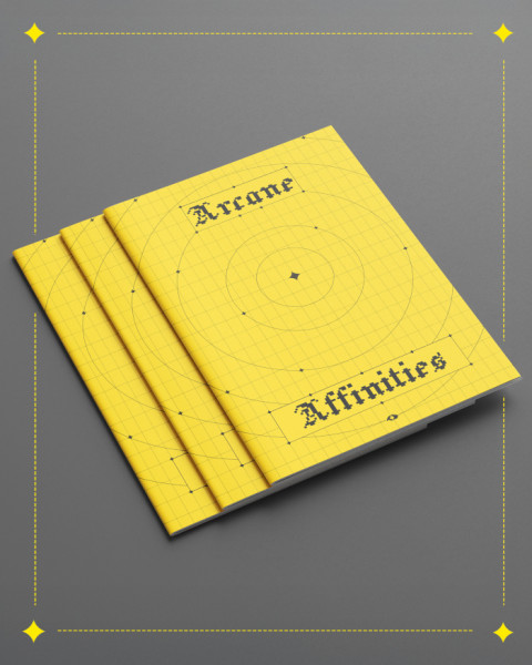 cover spread of Arcane Affinities. A yellow book on gray background. Design Giorgio Craparo