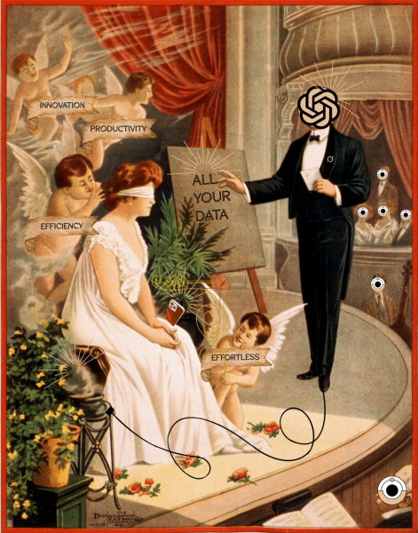 A digital collage styled like an early twentieth century illustration. The title at the top reads “The AI-Deal.” A man in a suit with the OpenAI logo instead of a face stands on a stage and points to a board that says “ALL YOUR DATA.” In front of him, a s