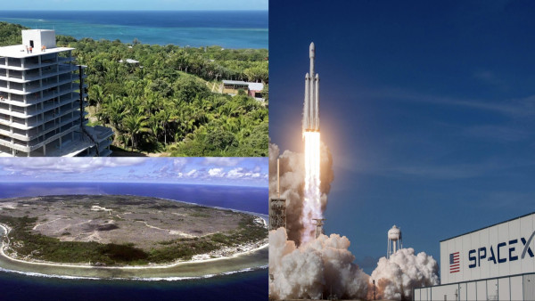 photo collage with images related to Politics of Isolation: exotic islands in private states and rockets being sent in the sky.